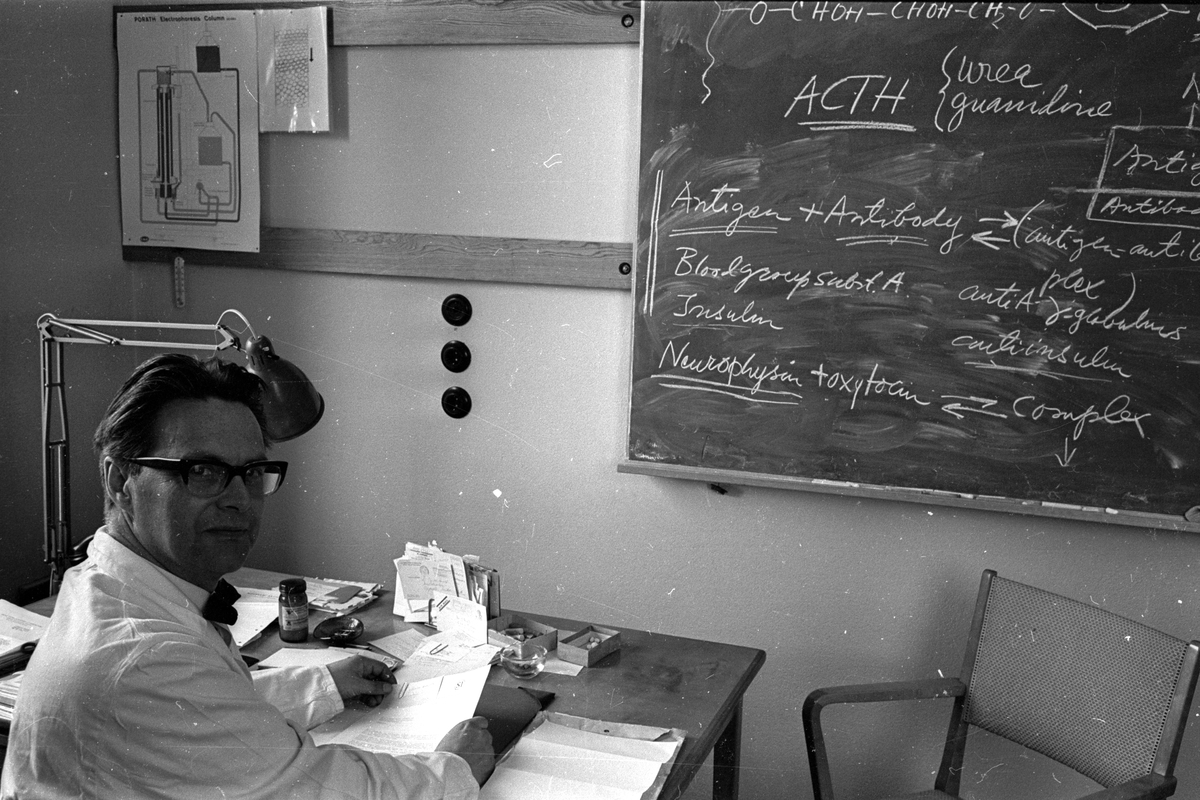 Professor Jerker Porath på sitt arbetsrum vid den Biokemiska institutionen vid Uppsala universitet, juni 1965