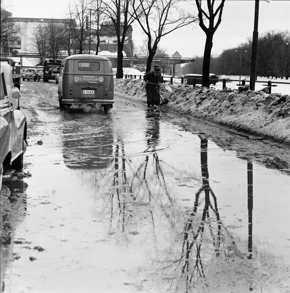 Snöskottning i blötsnö, Uppsala januari 1959