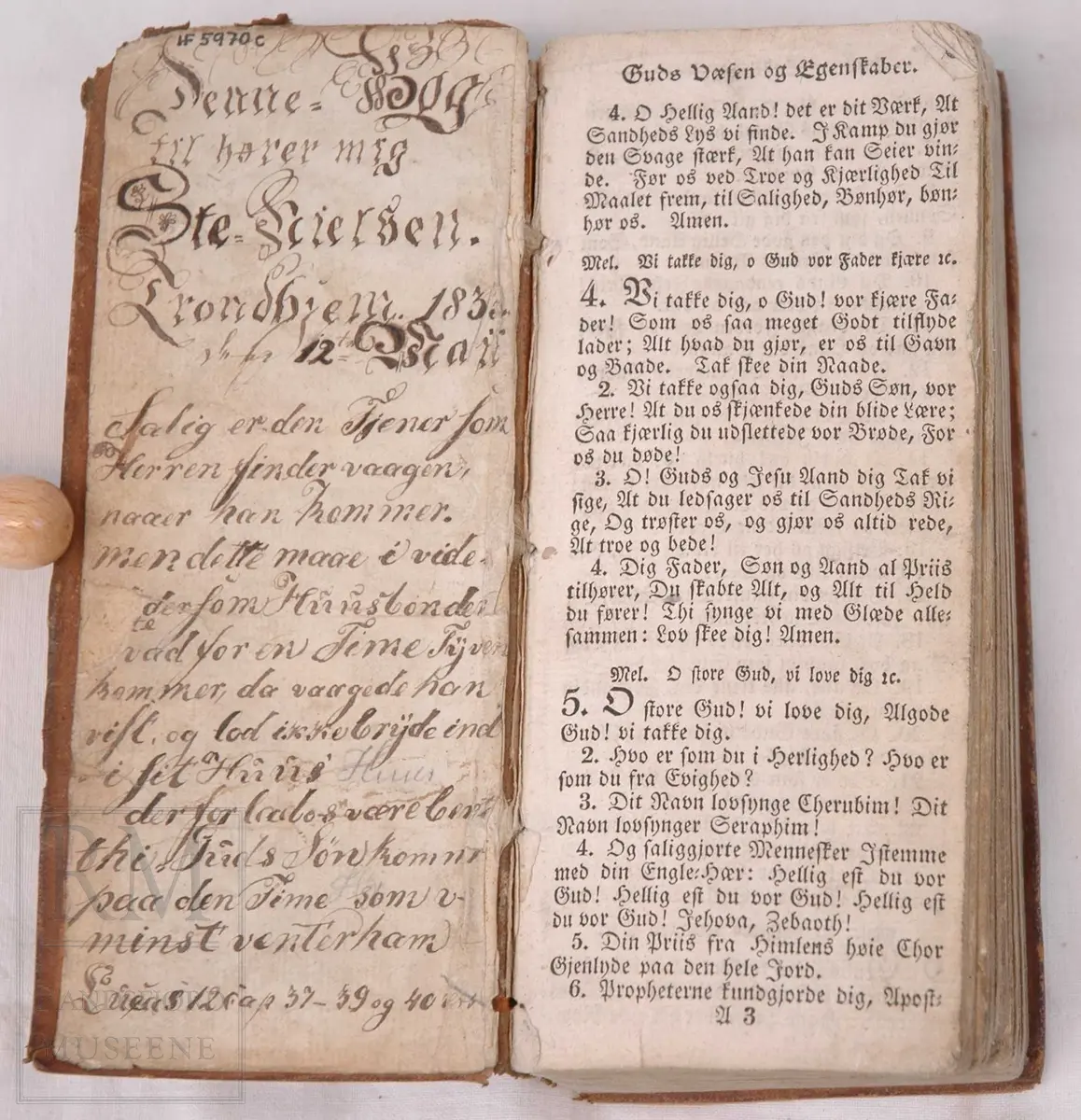 Salmeboken er rikt dekorert på omslaget, preget på læret. Hjerte med salmevers, fakkel, blomsterranke, vinger: alle religiøse symboler.
