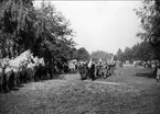 Standar och standarvakt beridna på enbart vita hästar i samband med avtäckande av livskvadronens minnessten vid Fellingsbro 6 juni 1948. Deputationer från grenadjärerna och husarerna deltog, Fellingsbros manskör sjöng och stor var uppslutningen av traktens befolkning.