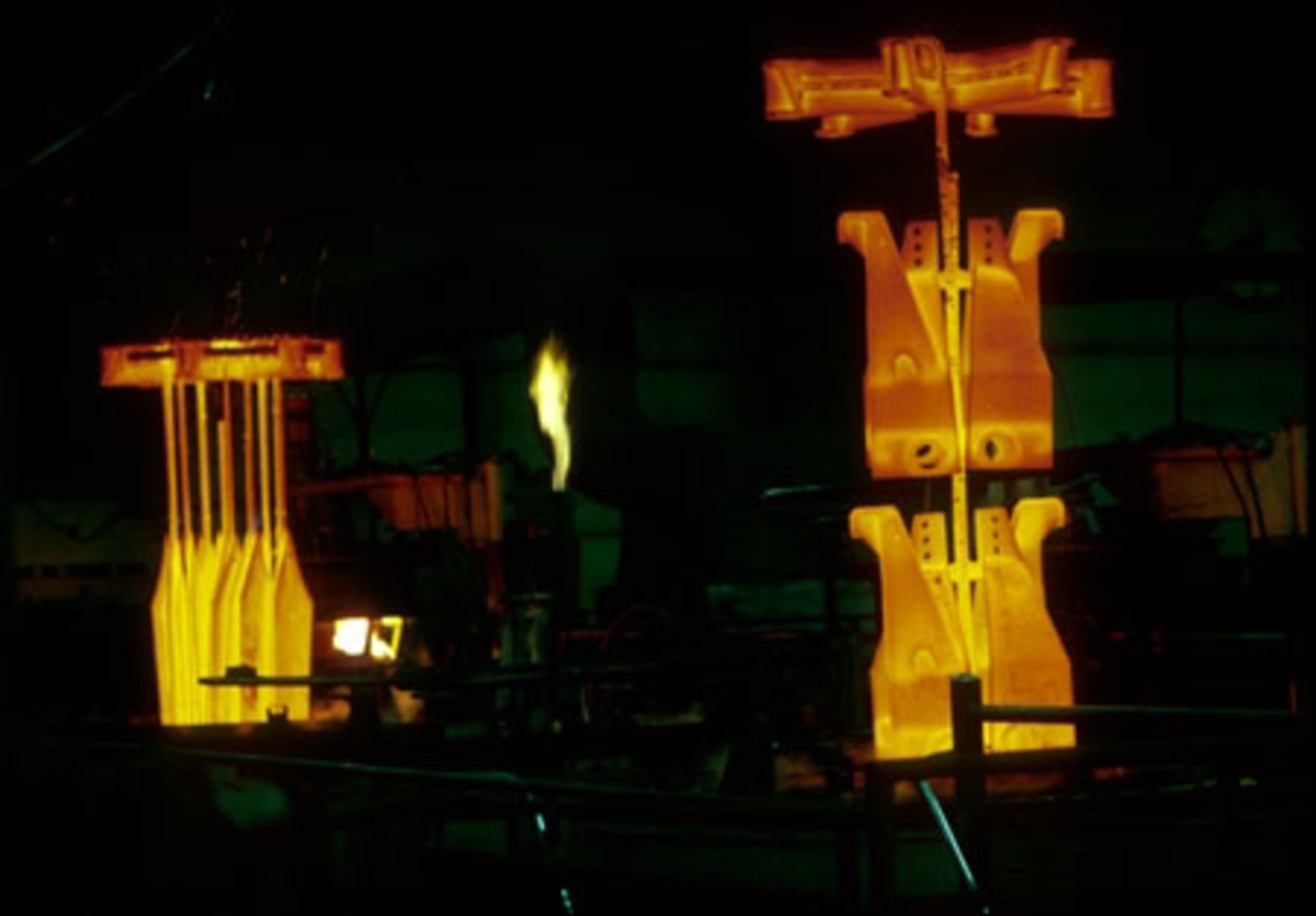 Oppkulling av veltefjøl (bakerst) og vendehode for vendeplog ved Kvernelands Fabrikk AS: glødende gods henger til avkjøling