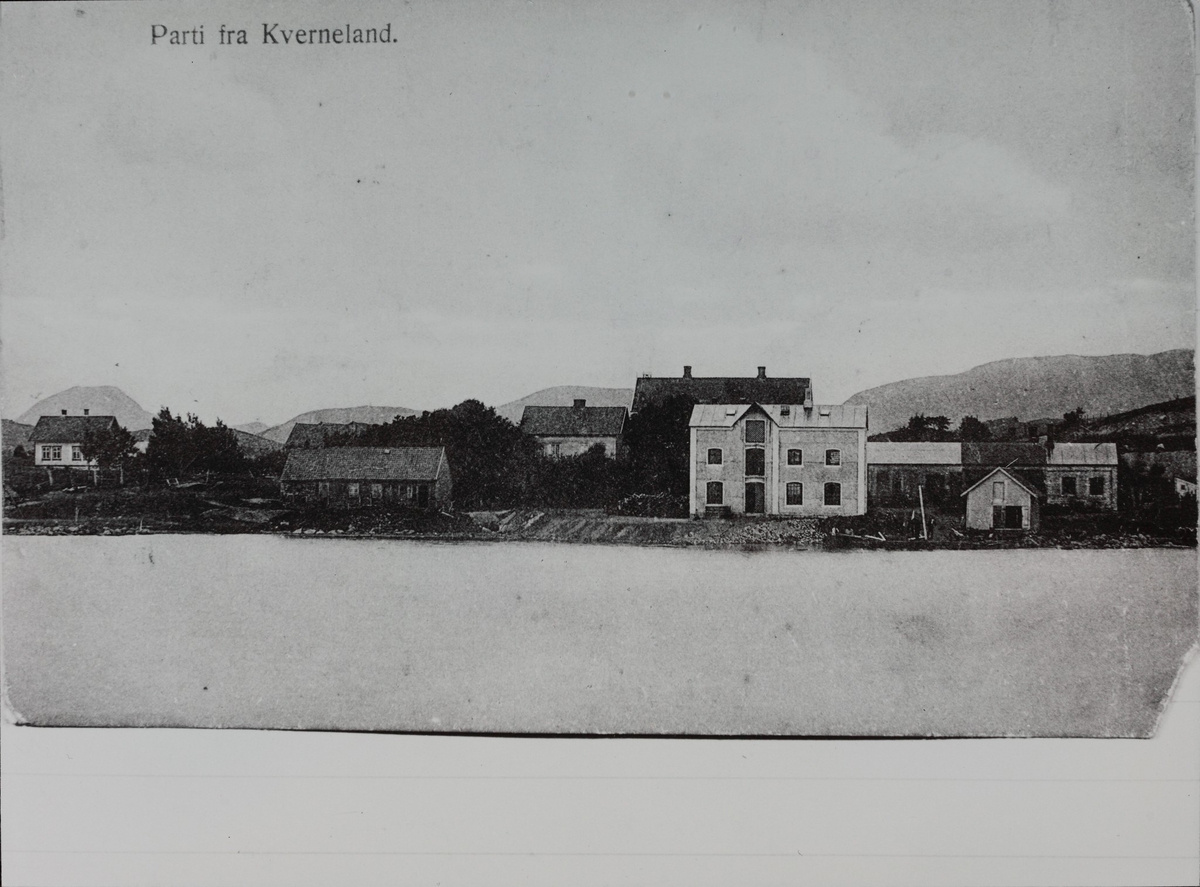 Anlegget til Kvernelands Fabrik, sett fra Frøylandsvatnet, bygningen f.v. huset til Jacob og Maria Eide, gamle smia, heimahuset til O.G. Kverneland I "Gubbehuset", kontorbygg, nye smia med et lite jernlager foran, toalettbygg helt t.h., bak kontorbygget står "Storahuset" (internatet)