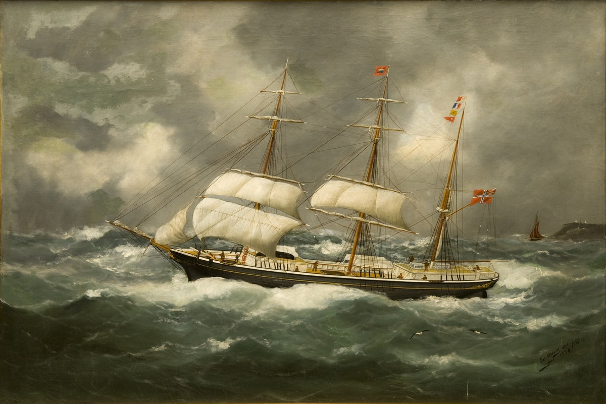 Bark 'Asta', Arendal På stortoppen komp.flagg, mesantoppen kjenningssignal H.T.Q.F. Unionsflagg fra gaffelen. Seil: fokk, begge stumper.