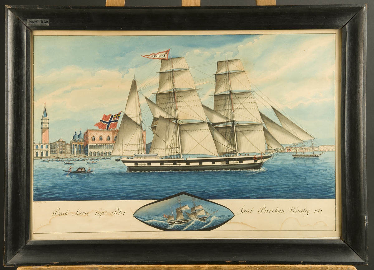 Bark 'Sverre' i Venezia. Unionsflagg, navnevimpel. Nedenfor, i "medaljong", samme skip i sjøen med stumper, fokk og ...