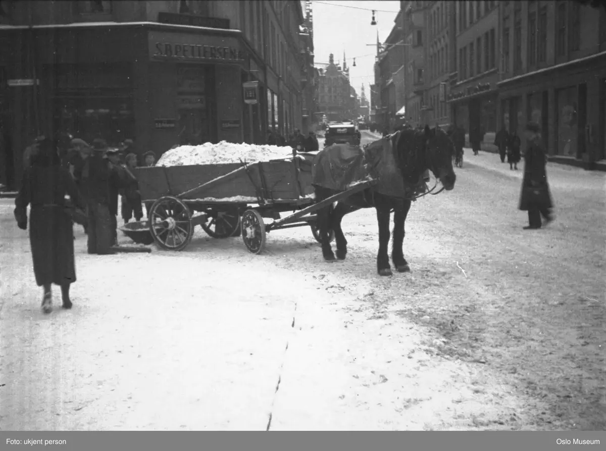 hest, vogn, snørydding, mennesker, forretningsgårder