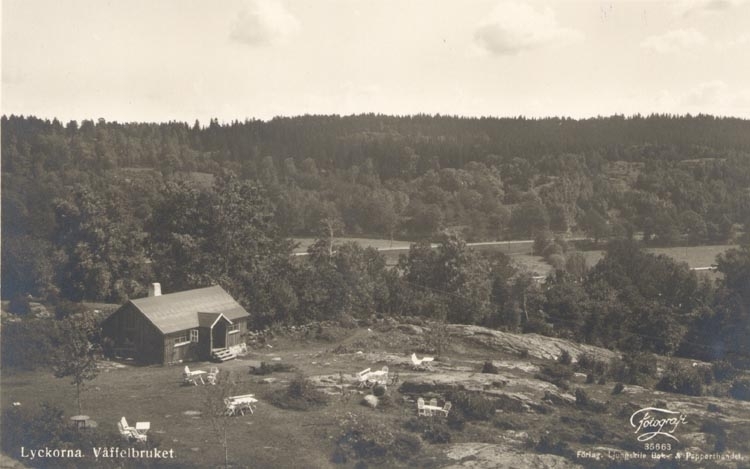 Tryckt text på kortet: "Lyckorna. Våffelbruket".
"Förlag: Ljungskile Bok & Pappershandel".