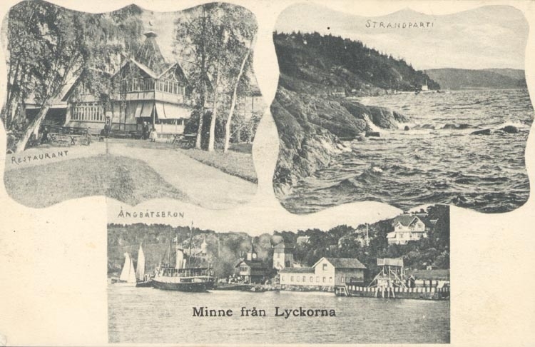 Tryckt text på kortet: "Minne från Lyckorna".
"Restaurant, Strandparti, Ångbåtsbryggan".