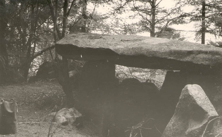 Noterat på kortet: "HÄGGVALL LYSE SN. LYSEKIL". "GÅNGGRIFT".
"Gånggriften vid Häggvall Stångenäset". 
"15 JULI 1955".