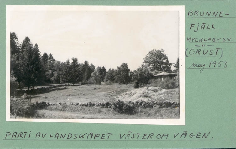 Noterat på kortet: "Brunnefjäll Myckleby Orust Maj 1953."
"Parti av landskapet väster om vägen."