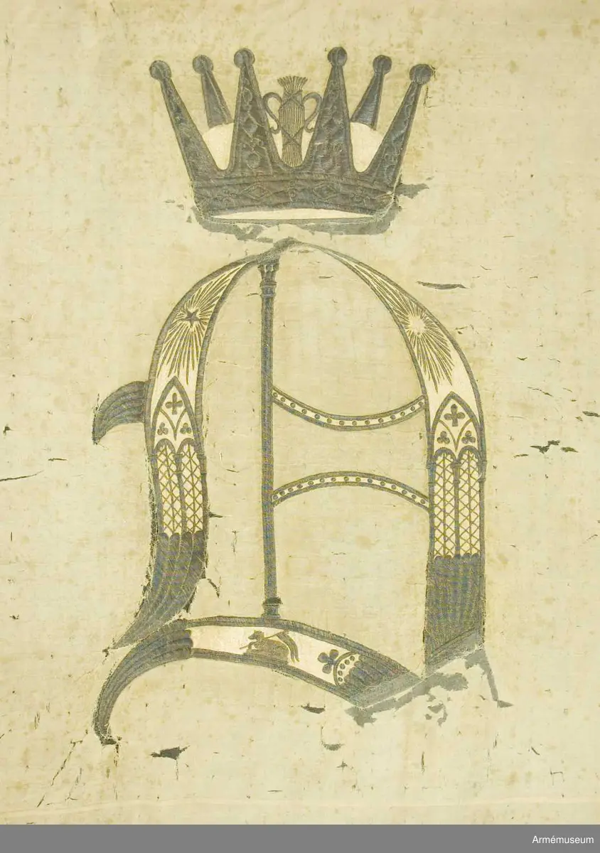 Duken vit med i guld broderat anglosachsiskt O under furstlig krona. På tillhörande lapp av äldre modell anges att Visby stads beväringsbataljon erhöll fanan 1832.