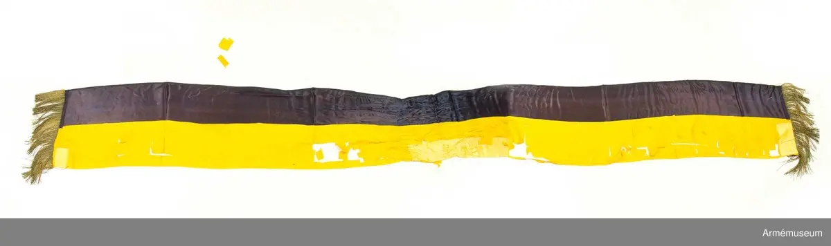 Duk av vit sidenkypert varå broderat lika å båda sidor, riksvapnet omgivet av segernamnen, slutna kronor i hörnen. Kravatt med guldfrans tillhör. Fanstången är vitmålad. Spets med Oskar II:s namnchiffer.