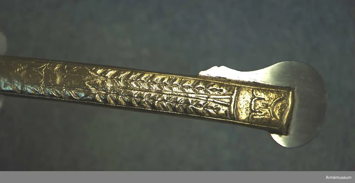 Balja med beslag av förgylld mässing, mittparti läderklätt. Släpsko av stål. Baljan är av brunt läder och har munbleck och mycket lång släpsko av förgylld mässing, som är driven i stiliserade blomornament m.m. 
Släpskon är längst ned på änden och vid framsidan skodd med stål. 
Munbleckets nedre och släpskons övre kant är enkelt fasonerad. 
På ryggsidan har munblecket och släpskon var sin ögla för en koppelring. 
Dessa öglor har längs kanterna förhöjda ränder och pryds på mitten av fina prickar. 
Koppelringen är av mässing.