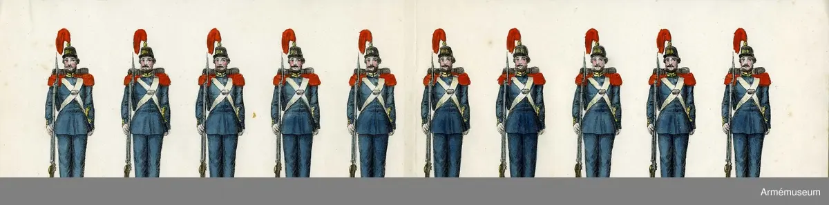 Grupp M I.
Kolorerad litografi föreställande "Svea livgarde". 13 st blad med 10 figurer vardera. H. Lederer i Stockholm (1860-69). 