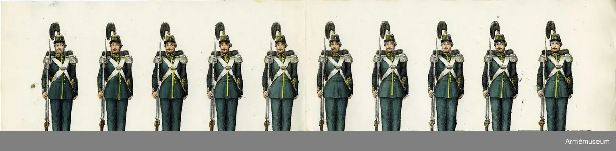 Grupp M I.
Kolorerad litografi föreställande "Svea livgarde". 13 st blad med 10 figurer vardera. H. Lederer i Stockholm (1860-69). 