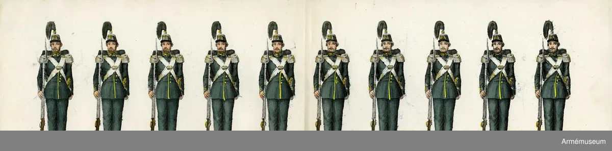 Grupp M I.
Kolorerad litografi föreställande "Svea livgarde". 13 st blad med 10 figurer vardera. H. Lederer i Stockholm (1860-69). 