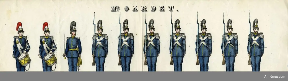Grupp M I.
Kolorerad litografi föreställande "11:e Gardet".  5 st blad med 10 figurer vardera. H. Lederer i Stockholm (1860-69).