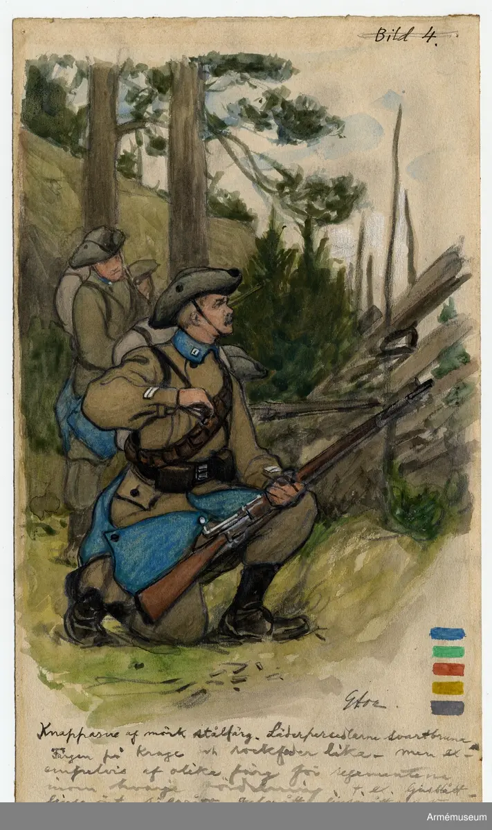 Förslag till ny uniform, utförda av Gustav Ancarcrona 1902. Sju inglasade teckningar. Ekram.
