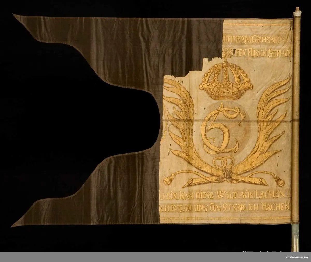 Dragonfana av vit taft med Christian 5's krönta monogram inom korsade palmkvistar. Allt målat i guld. En längre devis på tyska skriven i guldfärg ovan och under monogrammet.