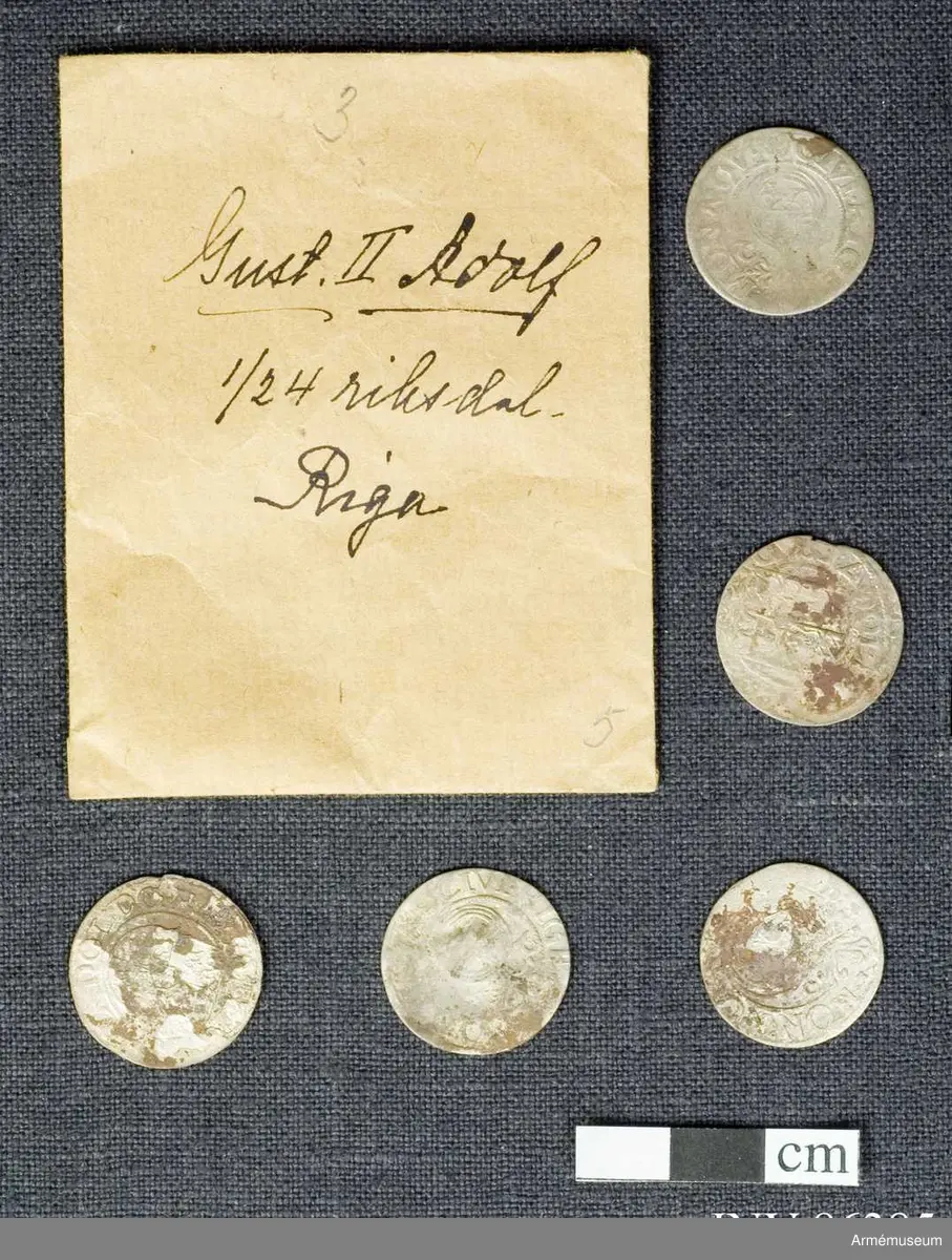 Grupp M.
En samling mynt funna vid Poltava.
Mynt förteckning:
Preussen Pommern 1/24 Thaler 1620-talet: 24 st.
G II A 1/14 riksdaler Riga 2 st.
Karl XI 1/24 riksdaler Riga 1669 1 st.
Christina 1/24 riksdaler Riga 4 st.
157 lösa mynt.
17 överskjutande
Totalt 188 st. (fattas 11 st).
 
Sigismund III 1/24 thaler, prägl. i Polen 1620 tal. 140ex.
Gust II Adolf, för Riga 1620 t. 23 ex. 
Christina 4 ex. 
Carl XI 1669 1 ex
1/24 thal för Mark Brandenburg, Preussen och Pommern alla från 1620 talet - 33 ex.

x) Ett ex till krigsarkivarien Steckzen d. 22/8 /1933 för att överlämnas som gåva till Verner von Heidenstam. 2007-01-24 /TW