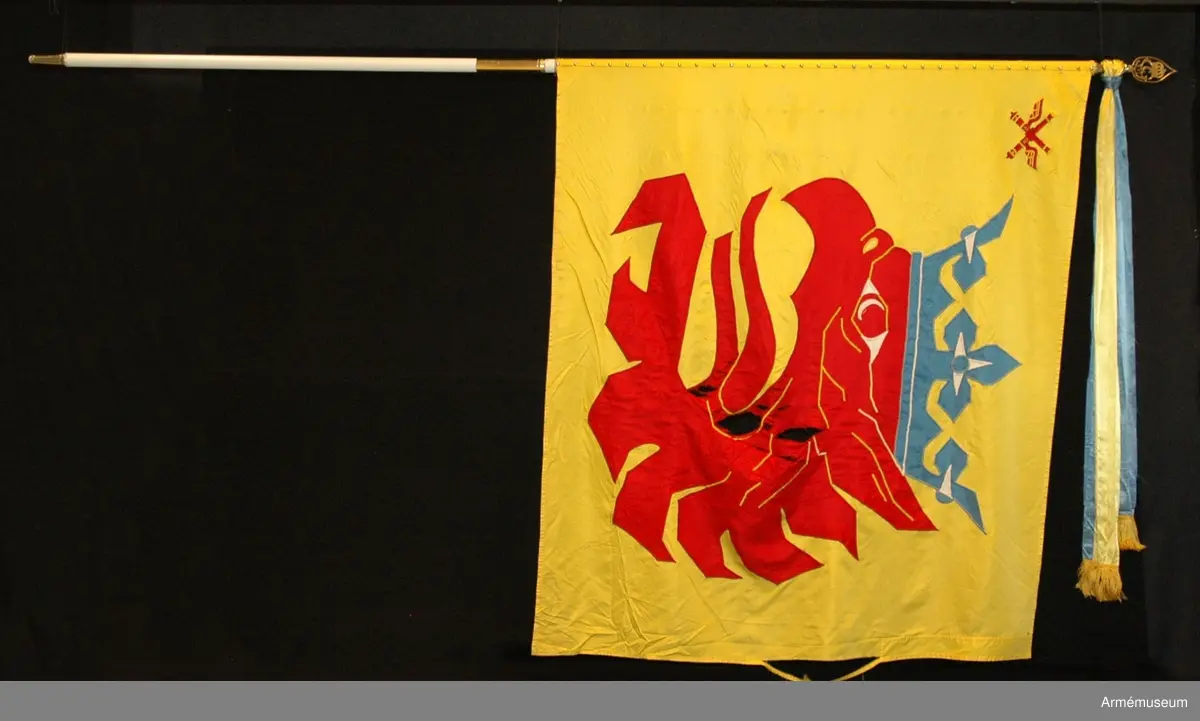 Duk av sidenkypert med landskapet Skånes vapenbild: ett med öppen blå krona krönt avslitet rött griphuvud. I övre inre hörnet två korslagda bevingade röda eldrör av äldre modell. Detta är ett traditionsarv från Skånska luftvärnskåren, Lv4.

Motivet är huvudsakligen utfört i maskinbroderi och intarsia. Vissa detaljer är handbroderade såsom hörnmotivet, näsborren, en del av ögat samt de utskjutande delarna på ömse sidor om kronan. Duken är maskinfållad med sick-sack och raksöm. Triangelformade förstärkningar i övre och nedre stångsidan.

Vitmålad, delbar fanstång. Duken fäst med släta tennlickor. Doppsko av guldfärgad plast, troligen ej ursprunglig. Spets med Carl XVI Gustafs monogram. På holket graverat: "Södra skånska regementet och Södra skånska brigaden 1998".
 
KT 2012-03-06