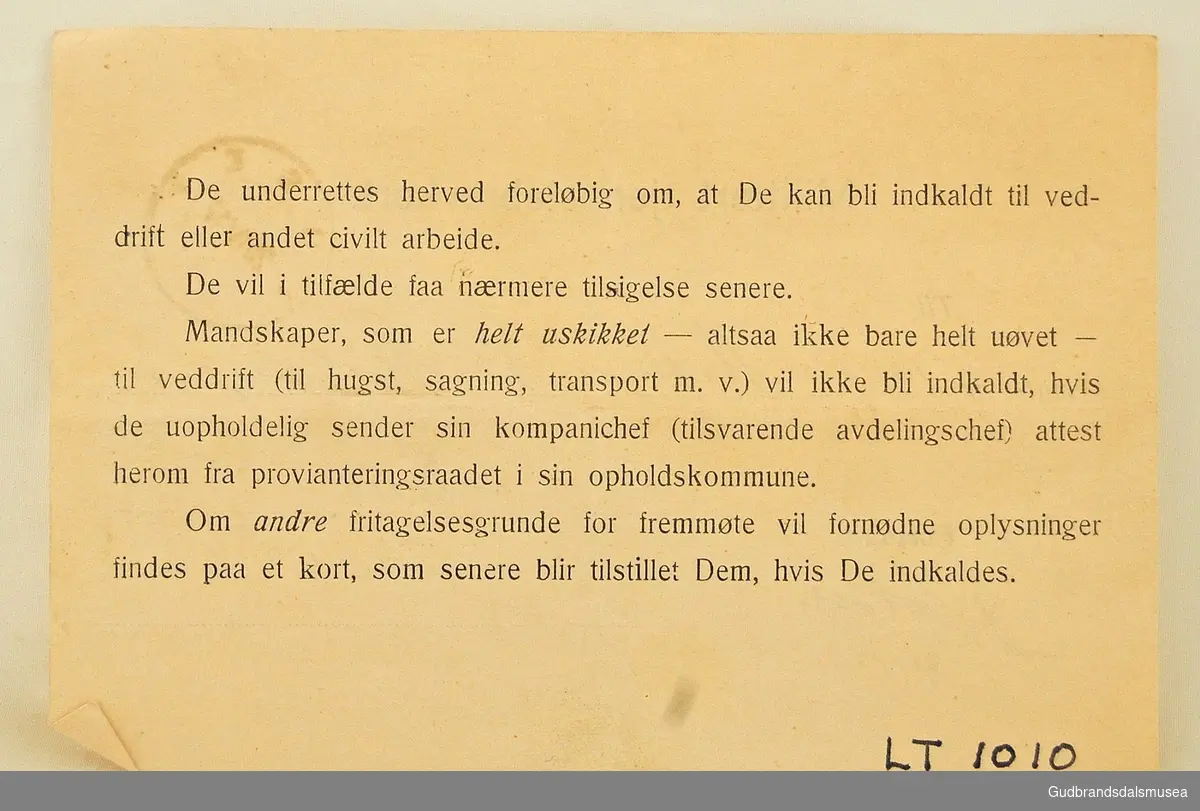 Militært tjenestebrevkort i papir, for matr.nr. 1487, datert 1926.