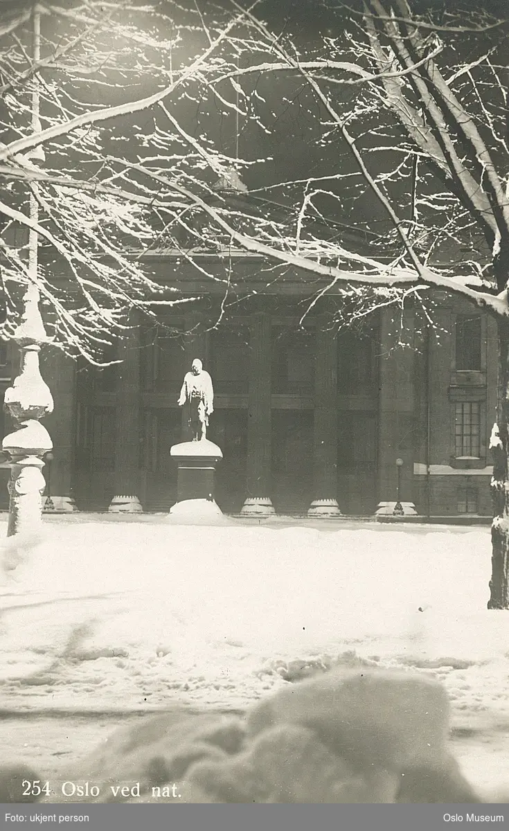 Universitetet, plass, portrettstatue, snø, nattemørke