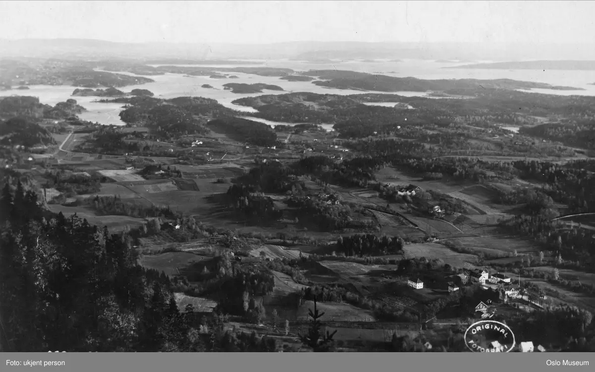 utsikt, kulturlandskap, Hartmanns Pensjonatskole, gårder, skog, fjord