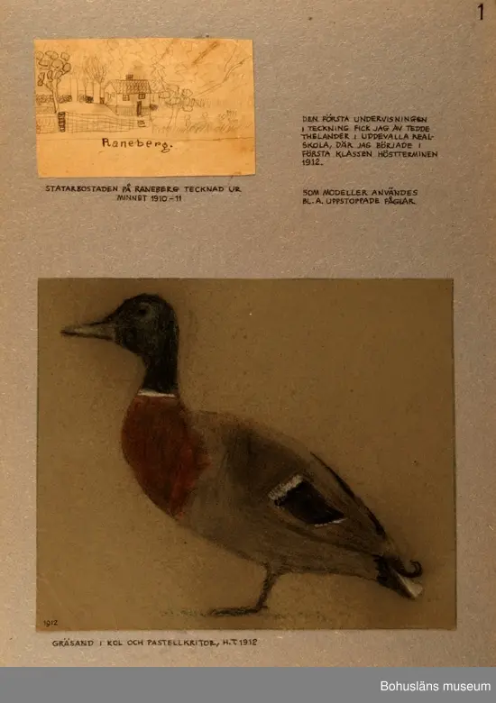 DEN FÖRSTA UNDERVISNINGEN FICK JAG AV TEDDE THELANDER I UDDEVALLA RELASKOLA, DÄR JAG BÖRJADE I FÖRSTA KLASSEN HÖSTTERMINEN 1912.

Bildtext:
1) STATARBOSTADEN PÅ RANEBERG TECKAD UR MINNET 1910 - 11.

2) GRÄSAND I KOL OCH PASTELLKRITOR H. T. 1912

Ingår i mapp innehållande 18 kartongblad i folioformat med uppklistrade teckningar och akvareller tillkomna mellan åren 1910 och 1955. 
Motiven är hämtade från Uddevalla med motiv från åren på realskolan, studiebesök på Uddevalla museum, rekryten på Bohusläns regemente, skolresor, karikatyrer på diverse personer, främst militärer samt från Kristinehamns praktiska skola och avslutningsvis på ungdomar i Göteborg 1955.

Försättsbladet är märkt:
Thorsten Johansson
ANSPRÅKSLÖSA
TECKNINGAR. FRÅN UNGDOMSÅREN

Uppgifter ur Sveriges Dödbok:
Thorsten Johansson, född i Foss 1910, änkling 1985, Befälsgatan 8 i Göteborg.

Förvärv, se Placering.