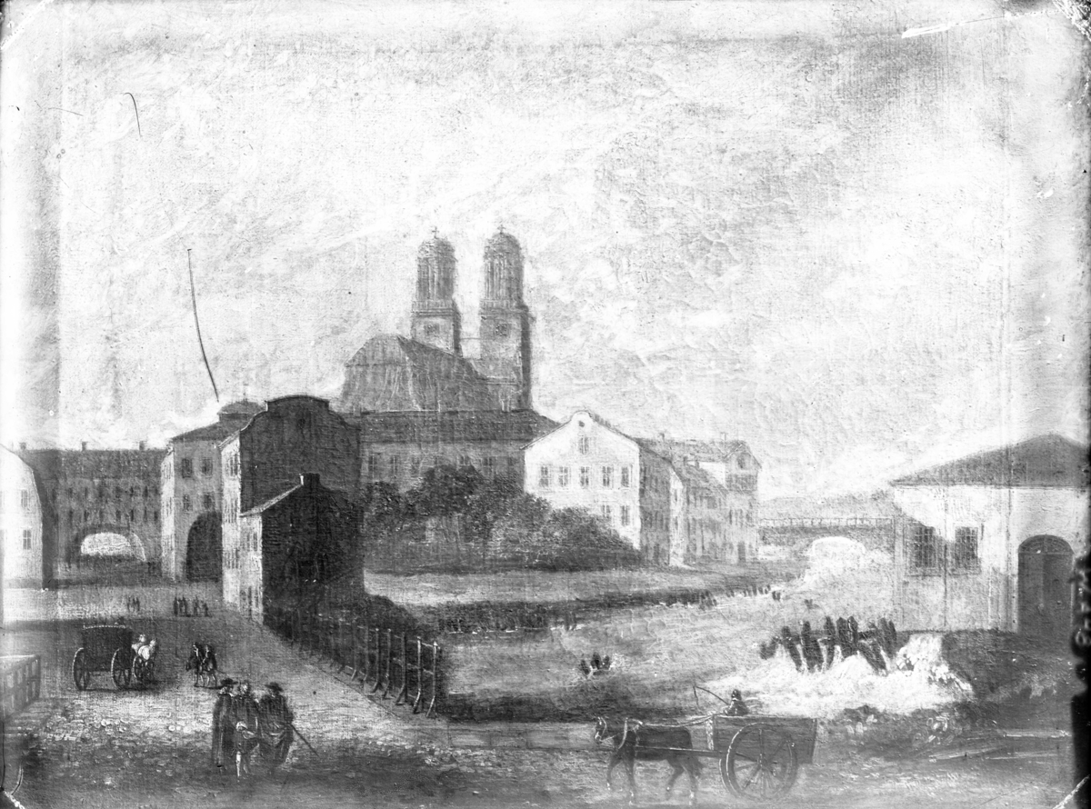 Avfotograferad målning, Uppsala med domkyrkan bl.a. Tavlan finns på Enköpings museum.