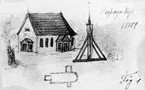 Rogberga gamla kyrka och klockstapel, revs 1867. Foto efter en teckning av 
N Mandelgren 1847.