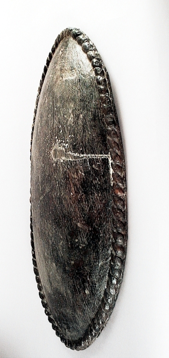 Skulpterad stor, oval och bukig sköld. Skölden pryds av en enkel och tunn kantbård, i form av ett snott band. Framsidan är slät, liksom den urgröpta baksidan. I den ena änden finns ett hål med ett runt märke efter spikhuvud. I den andra änden finns två hål, med fyrkantiga spår av spikhuvuden. Samtliga hål är placerade innanför kantbården.
Skölden är välbevarad, förutom några mindre sprickor.

Text in English: A sculpted large bulging oval shield.
The shield is decorated with a single cord edging, in the form of a slanting band. Front and back are smooth. The back is hollowed out.  At one end of the shield is a hole with the mark from a nail head, at the other end are two holes, with marks of square nail heads. All the holes are situated within the border.
The shield is well preserved, except for a few small cracks.