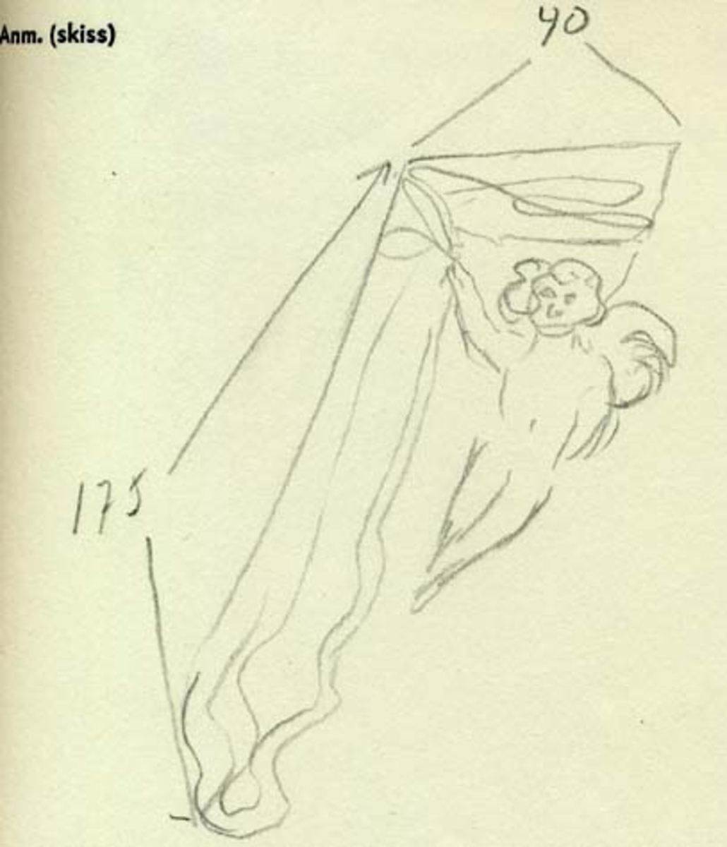 Putto samt större delen av ett draperi. Draperiet är kilformat med rak ytterkontur, och hålls undan av den svävande putton. Skulpturens baksida är slät.

Text in English: Putto and the larger part of a drapery. The drapery is wedge-shaped with straight outer contour, and is held back by the hovering putto. The reverse side is smooth.