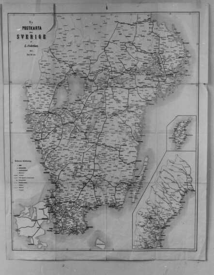 Postkarta över Sverige, utgiven 1875. Kartan visar södra Sverige i större skala. Nere till höger avbildas Norrland i mindre skala.