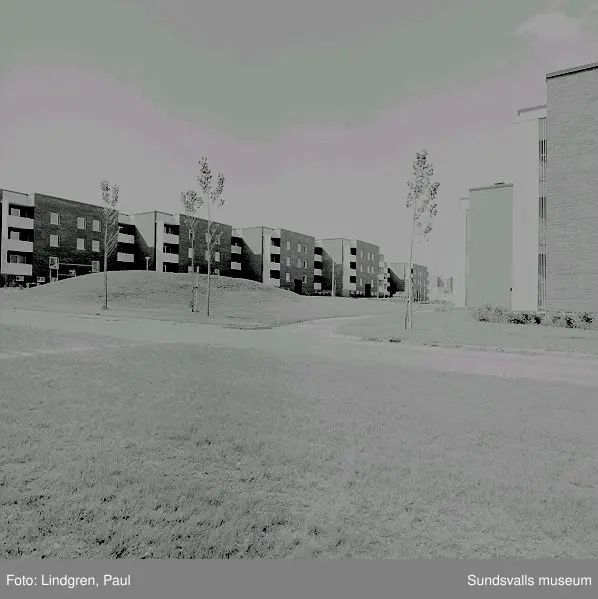 Stadsdelen Nacksta med hyreslägenheter i flerbostadshus, skivhus och lamellhus, uppförda av AB Sundsvallsbyggen, 1967 - 1971.