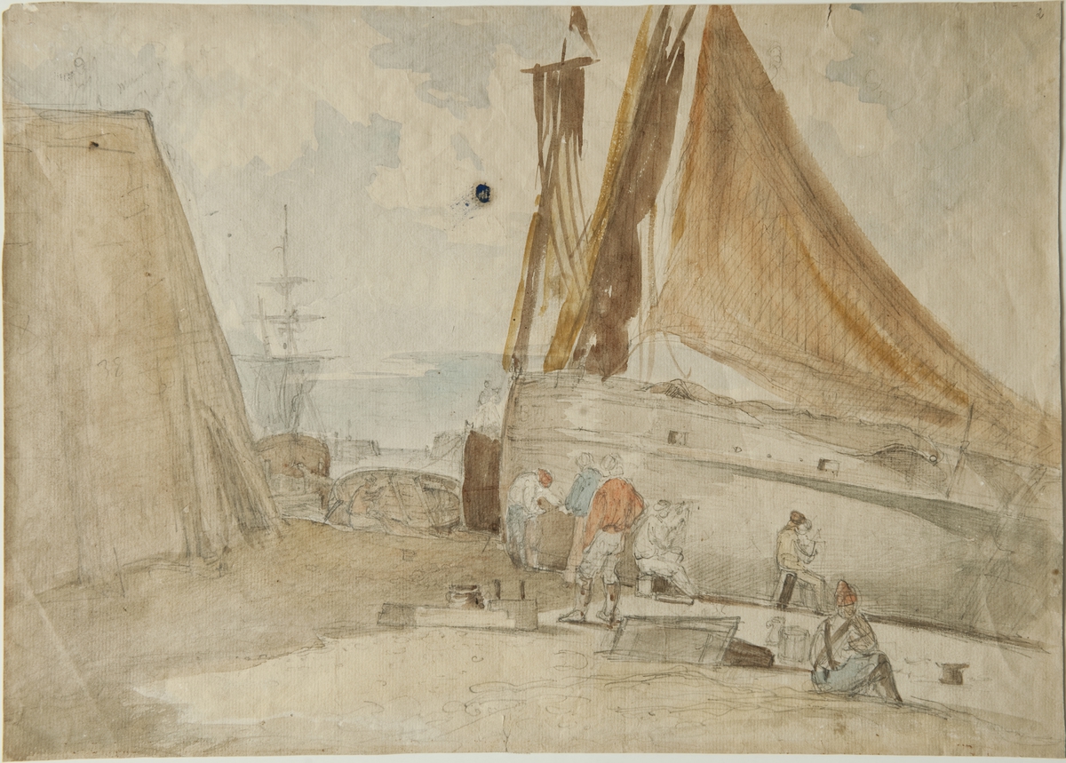 Arbete på skrovet på segelfartyg uppdraget på stranden.
Kustmotiv, reparation av fiskeskutor.