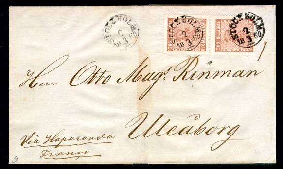 Albumblad innehållande 1 monterat brev

Text: Brev avsänt från Stockholm den 2 mars 1860 (normalstämpel 10)
till Uleåborg. Brevet är frankerat med par av 30 öre Vapentyp. Enkelt
brevporto till Finland, 60 öre 1858 - 1868.

Stämpeltyp: Normalstämpel 10