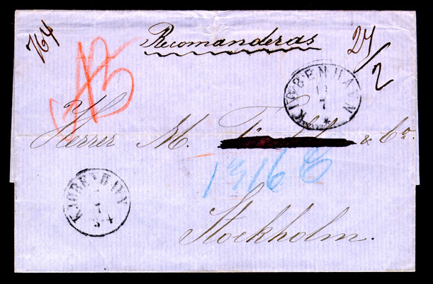 Albumblad innehållande 1 monterat brev

Text: Fully paid registered letter from Copenhagen 1865, July 17 to
Stockholm. The letter arrived at Stockholm the 20th of July.  Single
rate from Denmark to Sweden, 16 skilling, 1854-1865. The register
postage was 8 skilling, 1854-1872.

Etikett/posttjänst: Rekommenderat

Stämpeltyp: Ortstämpel: Köpenhamn