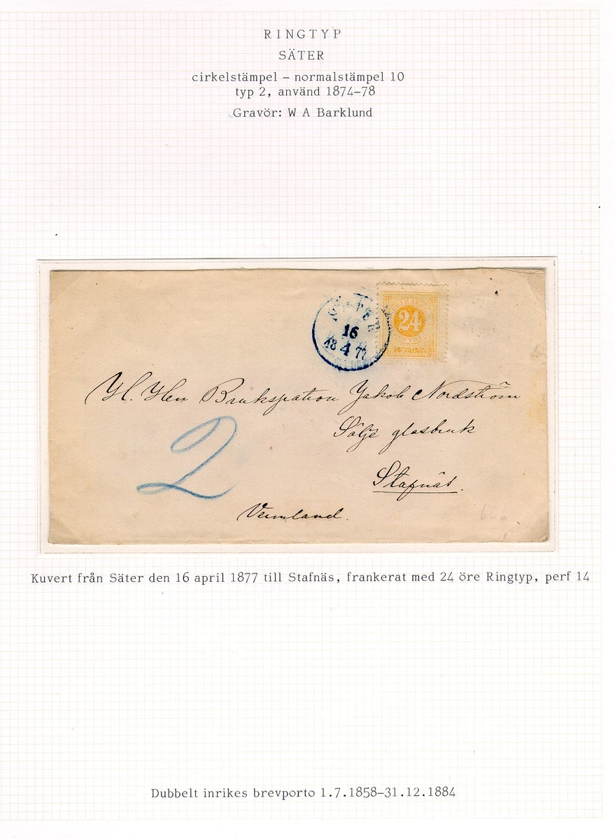 Albumblad innehållande 1 monterat brev

Text: Kuvert från Säter den 16 april 1877 till Stafnäs, frankerat
med 24 öre Ringtyp, perf 14. Dubbelt inrikes brevporto
1.7.1858-31.12.1884

Stämpeltyp: Normalstämpel 10
