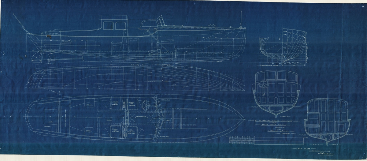 Snabbgående motorbåt.
Konstruktionsritning i plan och profil