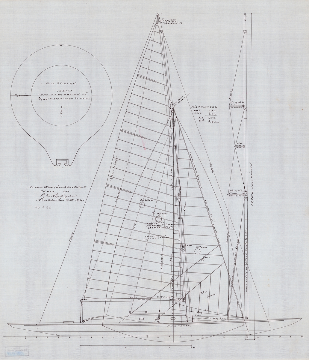 segel- och riggritning, skala 1:30