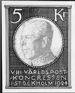 Frimärksförlaga till frimärket VIII:e Världspostkongressen, utgivet 4/7 1924. I teckningen är infälld fotografisk reproduktion av det av Emil Österman tecknade porträttet för typ Gustaf V profil 1921. Valör 5 kr.