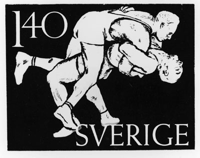 Frimärksförlaga till frimärket Riksidrottsförbundet 50 år, utgivet 27/5 1953. Konstnär: Erik Prytz. Svenska gymnastik- och idrottsföreningars riksförbund bildades 1903. Replik av originalteckningen, med valör "1:40", (se neg 3236).
I tusch och vit täckfärg på fotogrund. Valör 1:40 kr.