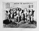 Frimärksförlaga till frimärket Världskampanjen mot hunger, utgivet 21/3 1963. Med anledning av FN-kampanjen mot hungern. Förslagsskisser utförda av Staffan Hallström (1914 - ). 4) Lavering  och gouache (14,2 x 19). Förslag 4 och 5 på samma kartong. Valör 25 öre.