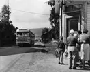 Bildiligenslinjen Östersund - Ragunda. 16/7 1953.  Den
efterlängtade postbussen kommer till Pålgård.