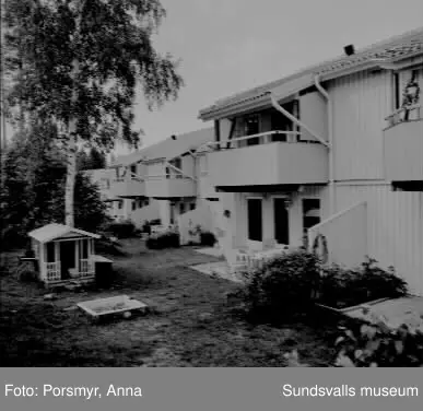 Bilder på boendemiljö exteriört, innom bostadsrättsföreningen Champinjonen.Området är uppdelat i 4 gårdar. Gård 1-3 är radhus byggda runt varsitt högre lägenhetshus. Gård 4 är radhus enbart. I området finns också kvarterslokal med solarium och bastu.