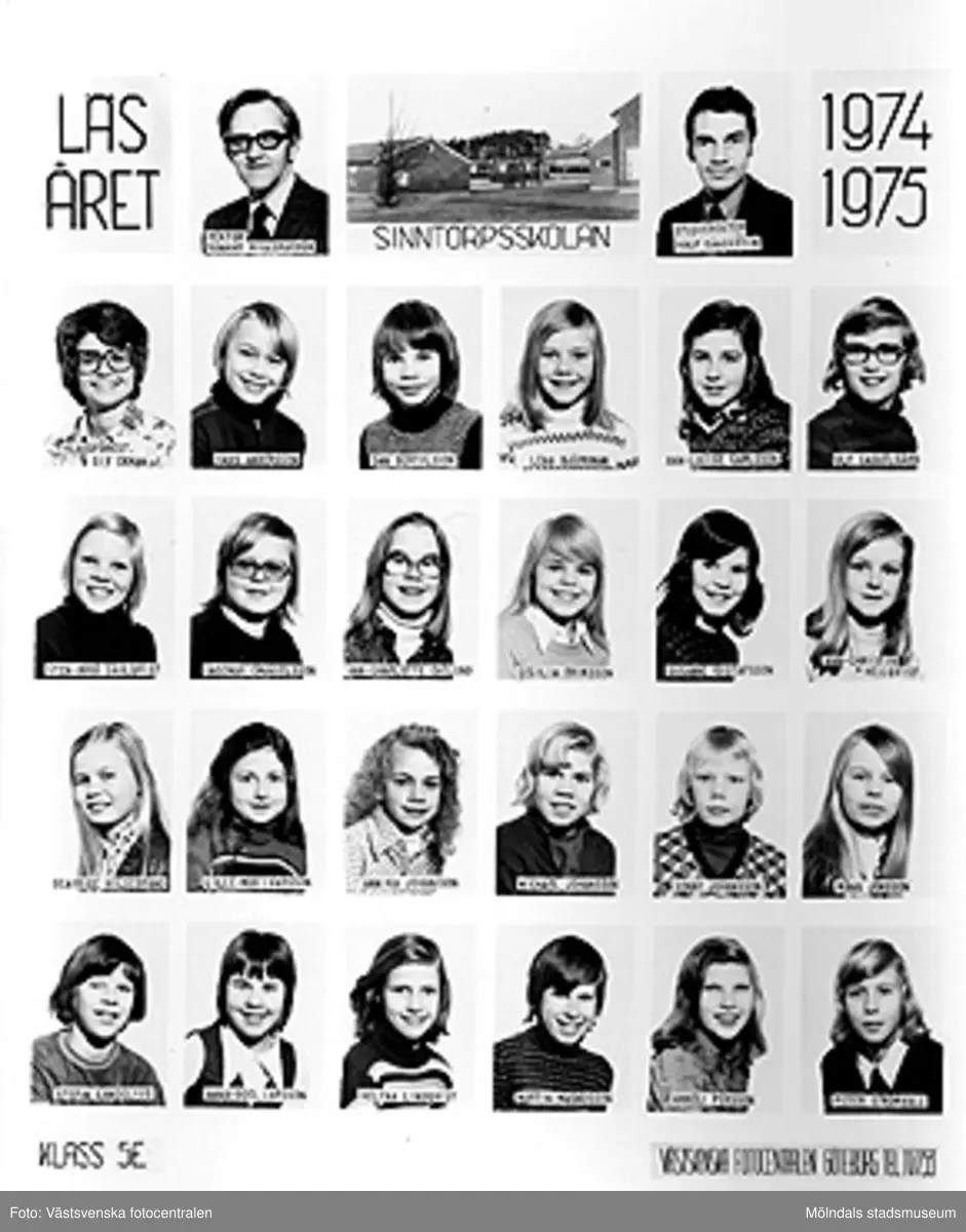 En bildkarta med skolfoton på klass 5E i Sinntorpsskolan, läsåret 1974/1975. Bildkartan är uppklistrad på ett fotoark i en pärm (MM23916) från Brattås rektorsområde, tillsammans med andra skolfoton MMF2004_1484-1522.
Med på bild: Rektor Gunnar Hillerström, Studierektor Rolf Sandström, Klassförest. Siv Ekman, Hans Andersson, Dan Bertilsson, Lena Björkman, Ann-Louise Carlsson, Ulf Casselgård, Sten-Hugo Dahlqvist, Ingemar Emanuelsson, Ann-Charlotte Enelund, Cecilia Eriksson, Susanne Gustafsson, Ann-Christin Hellqvist, Beatrice Hildebrand, Lille-Mor Ivarsson, Annika Johansson, Michael Johansson, Sonny Johansson, Måna Jönsson, Stefan Landelius, Anna-Boel Larsson, Helena Lindqvist, Martin Magnusson, Anneli Persson, Peter Strömvall.