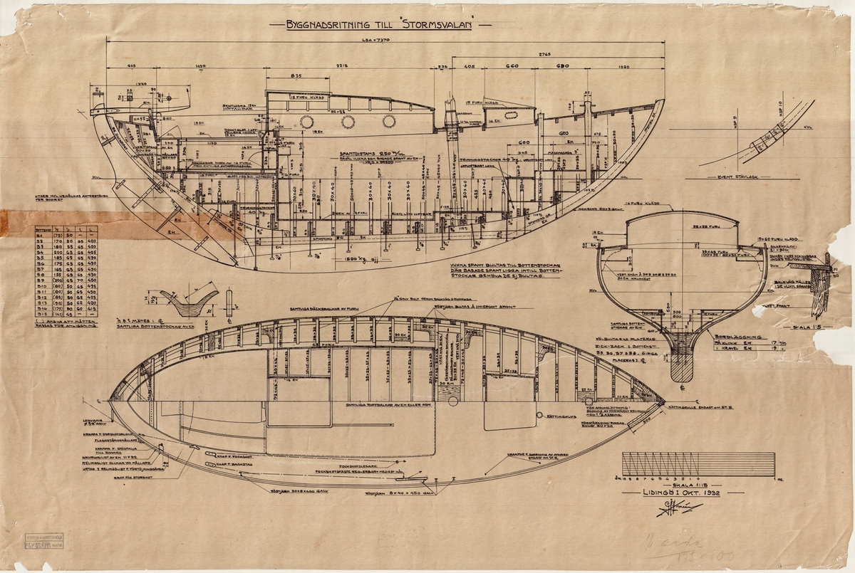 Sjögående segeljakt.
Byggnadsritning i plan, profil och sektion