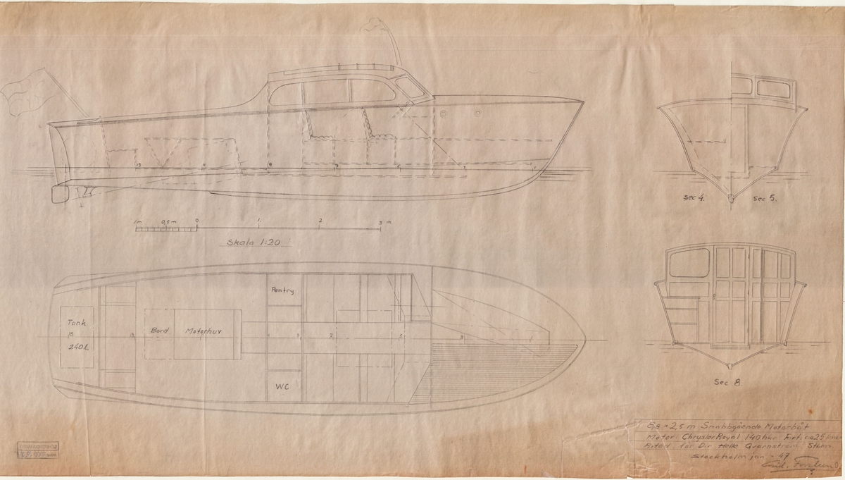 Snabbgående motorbåt.
Inredningsritning i plan, profil och sektion