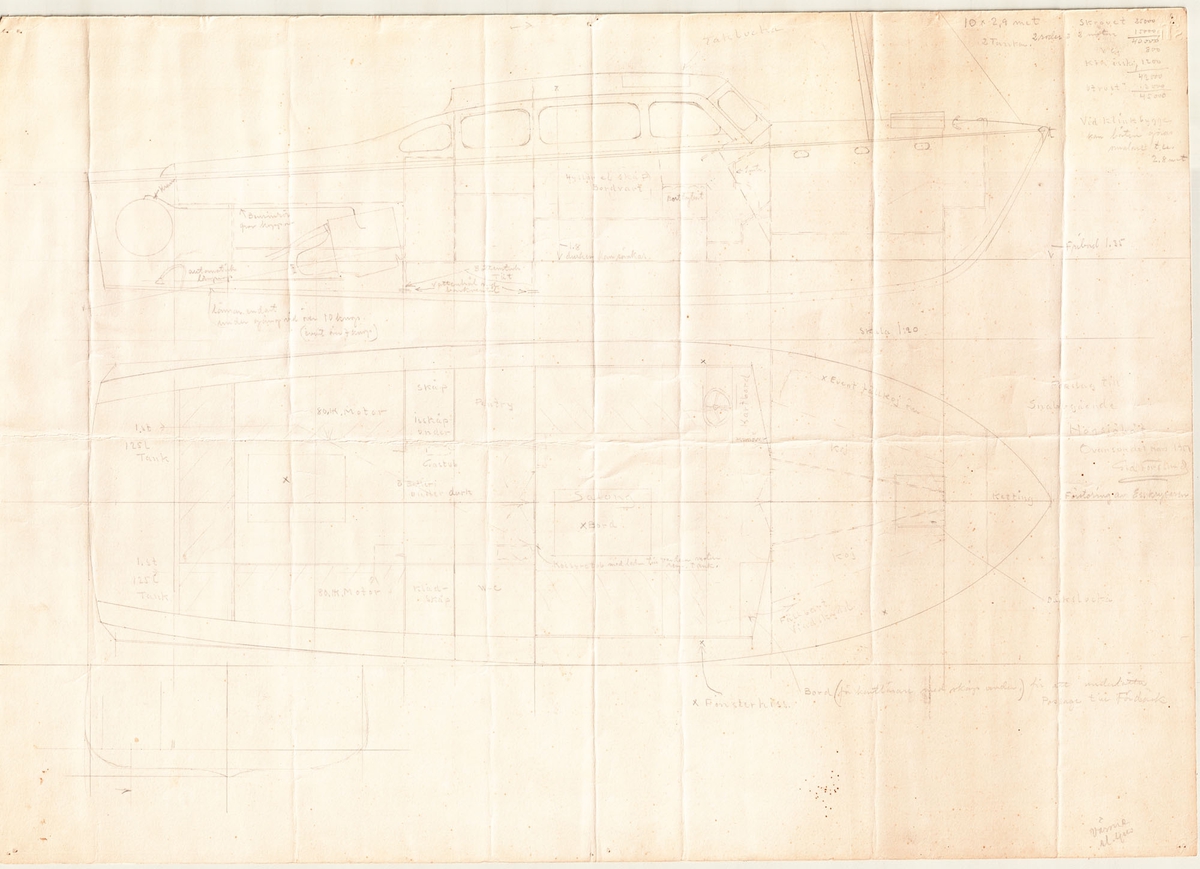 Snabbgående högsjöbåt.
Inredningsritning i plan och profil