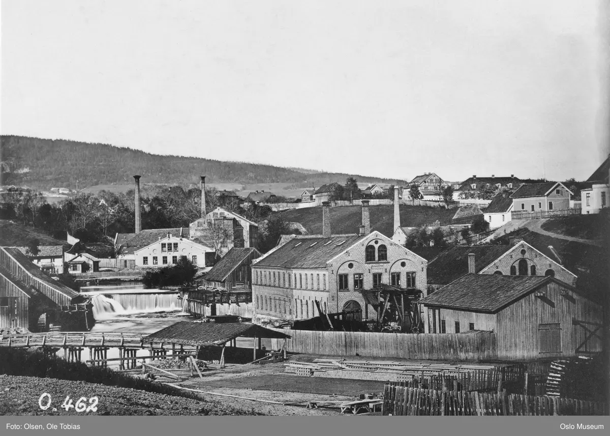 Myrens verksted, fabrikkbygninger, elv, foss